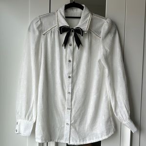 White Textured Collared Button Down Shirt with Removable Bow Accent